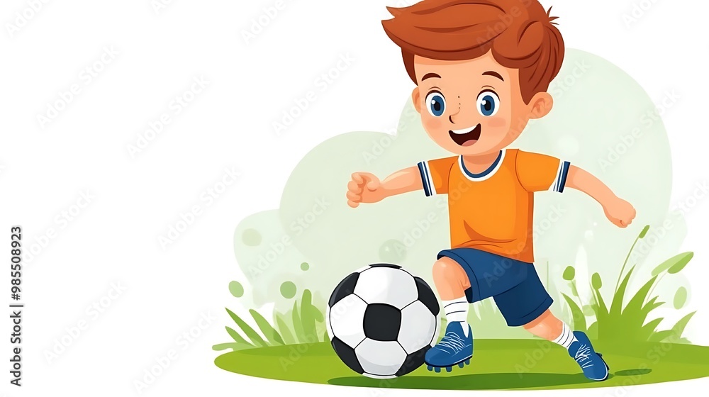 Young boy dribbling a soccer ball, transparent background, vibrant colors, flat design illustration