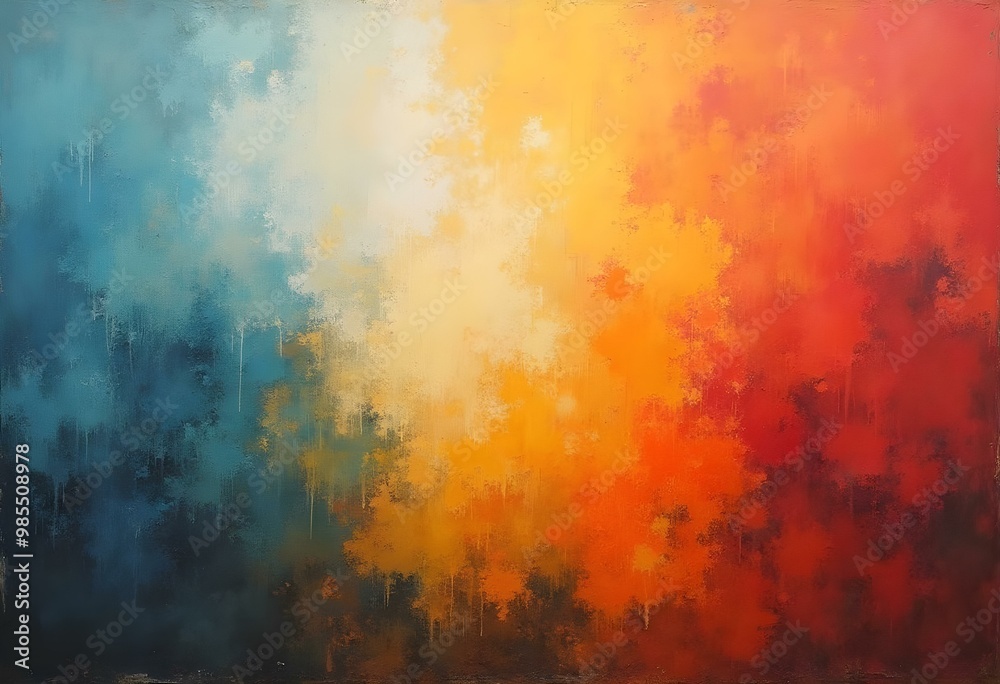 Vibrant abstract painting with bold colors of red, yellow, blue, and white in a textured pattern