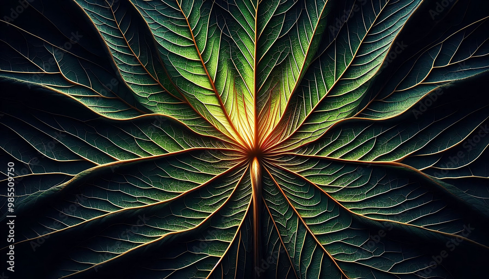 Fototapeta premium Intricate Patterns of Green Leaves with Illuminated Center