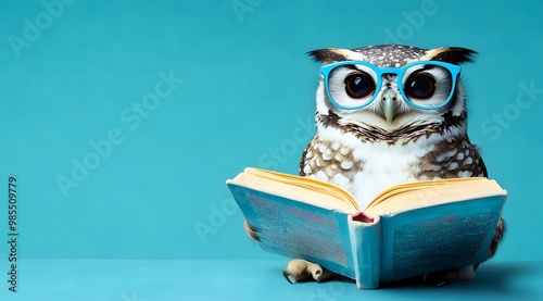 Owl with blue glasses reading a book on a turquoise background,