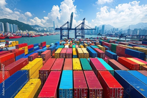 Wallpaper Mural Cargo containers blocked at a port symbolizing tariffs and economic protectionism, causing import-export disruptions and logistical challenges. Torontodigital.ca