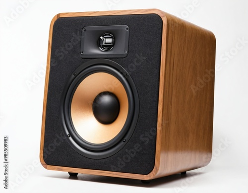 Portable wireless speaker, handmade from wood, beautifully patterned perfectly. Isolated on white background. Ai generated image.