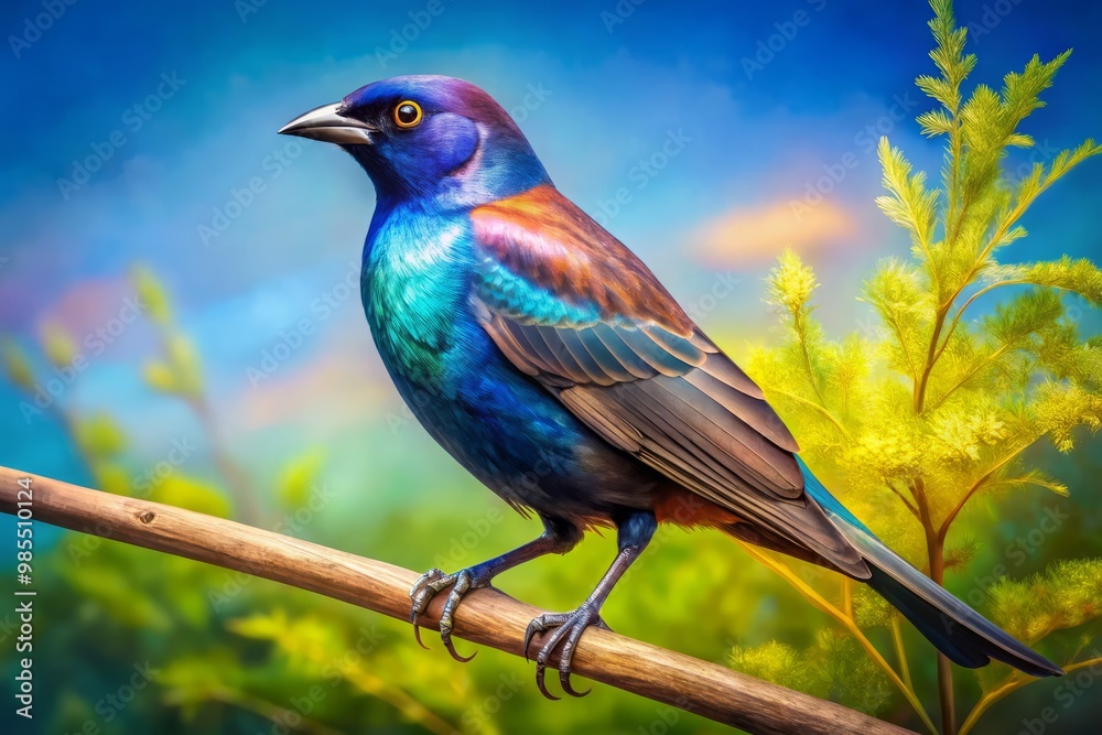 A vibrant cowbird rests gracefully on a branch, surrounded by its natural habitat, under a brilliant blue sky A vibrant cowbird rests gracefully on a branch, surrounded by its natural habitat, under a brilliant blue sky