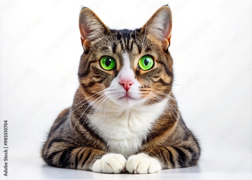Black and white tabby cat with piercing green eyes and black stripes on a white background Black and white tabby cat with piercing green eyes and black stripes on a white background