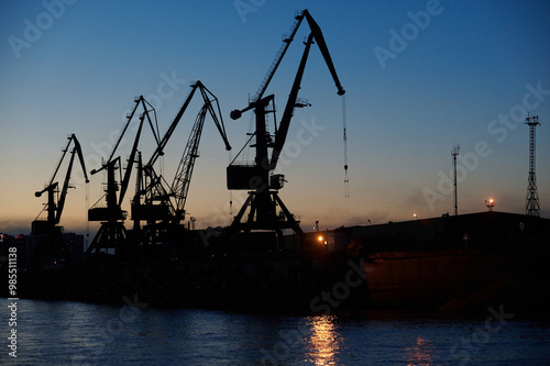 silhouette of port cranes at night.