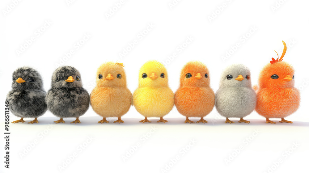 A charming scene featuring a row of vibrant and fluffy chicks in various colors. Ideal for themes of nature, innocence, and springtime A charming scene featuring a row of vibrant and fluffy chicks in various colors. Ideal for themes of nature, innocence, and springtime