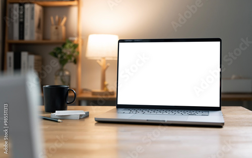 Mockup blank white screen laptop computer on wooden table in home office room.