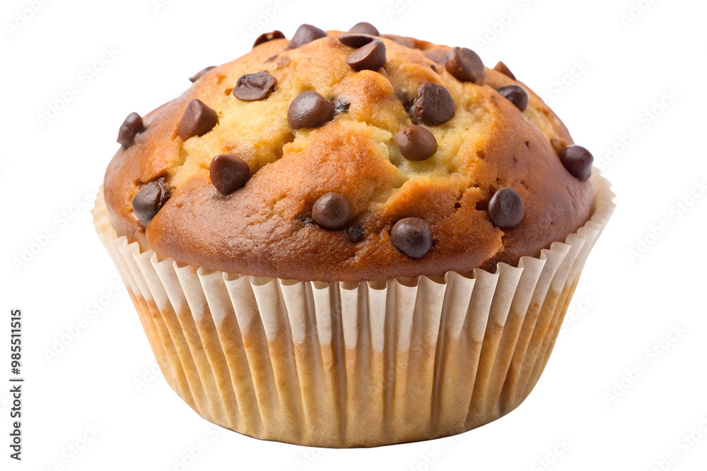 Freshly baked chocolate chip muffin with golden crust
