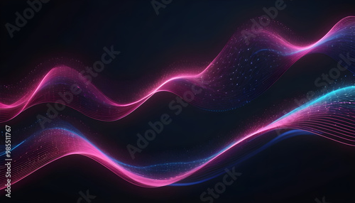 Abstract waves of glowing digital lines create mesmerizing visual effect, showcasing vibrant colors and fluid motion against dark background. This captivating design evokes sense of energy and innovat