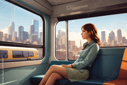 woman sitting in a window seat in a moving train watching mountains from the window