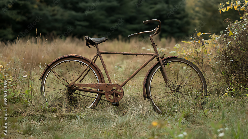 An unusable old bicycle left in an overgrown field covered in rust. An unusable old bicycle left in an overgrown field covered in rust.