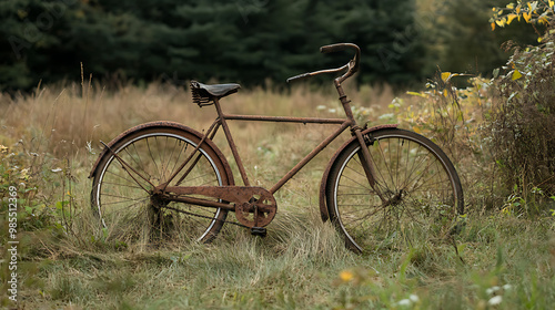 An unusable old bicycle left in an overgrown field covered in rust.  photo