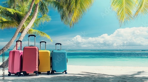 Scenic summer vacation view with tropical luggage and a picturesque seascape backdrop, ideal for travel and holiday inspiration, emphasizing relaxation and adventure.