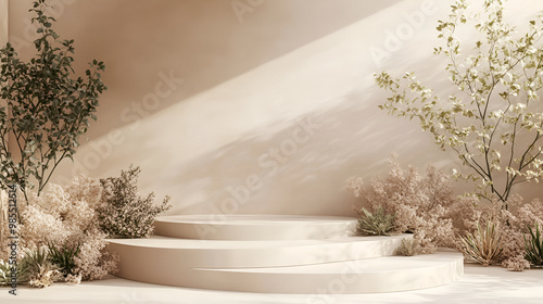 Minimalistic abstract gentle light beige background for product presentation with light andand intricate shadow from the window and vegetation on wall