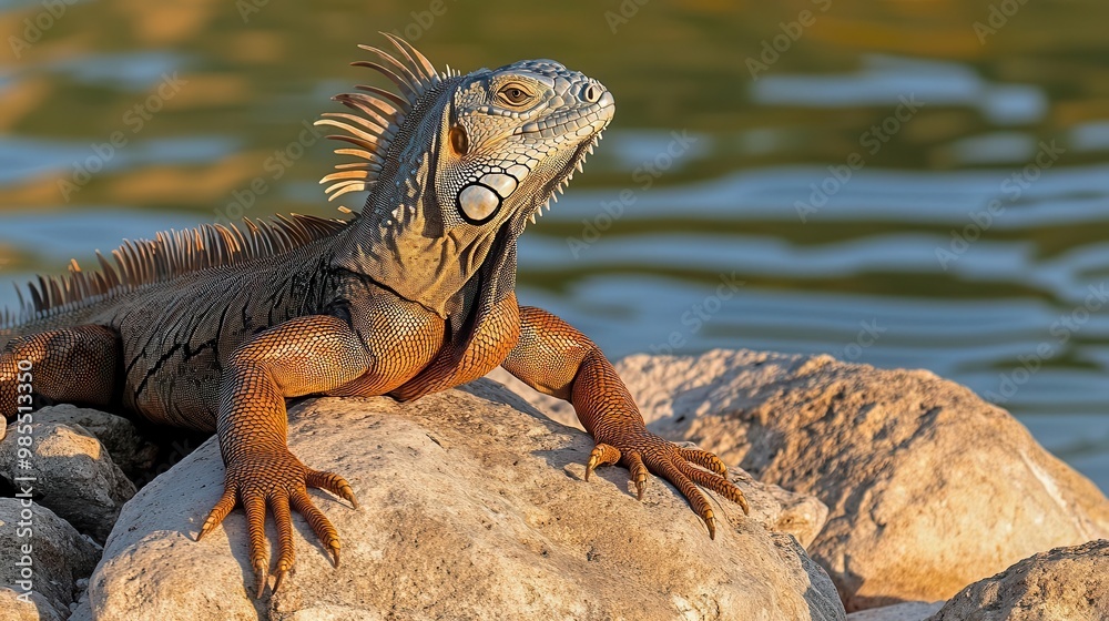 Fototapeta premium Side view of an iguana sunbathing on large, smooth rocks by the water s edge, its skin catching the golden sunlight
