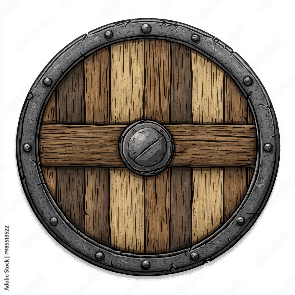 Fototapeta premium A round wooden shield with metal accents, designed for protection in battles.