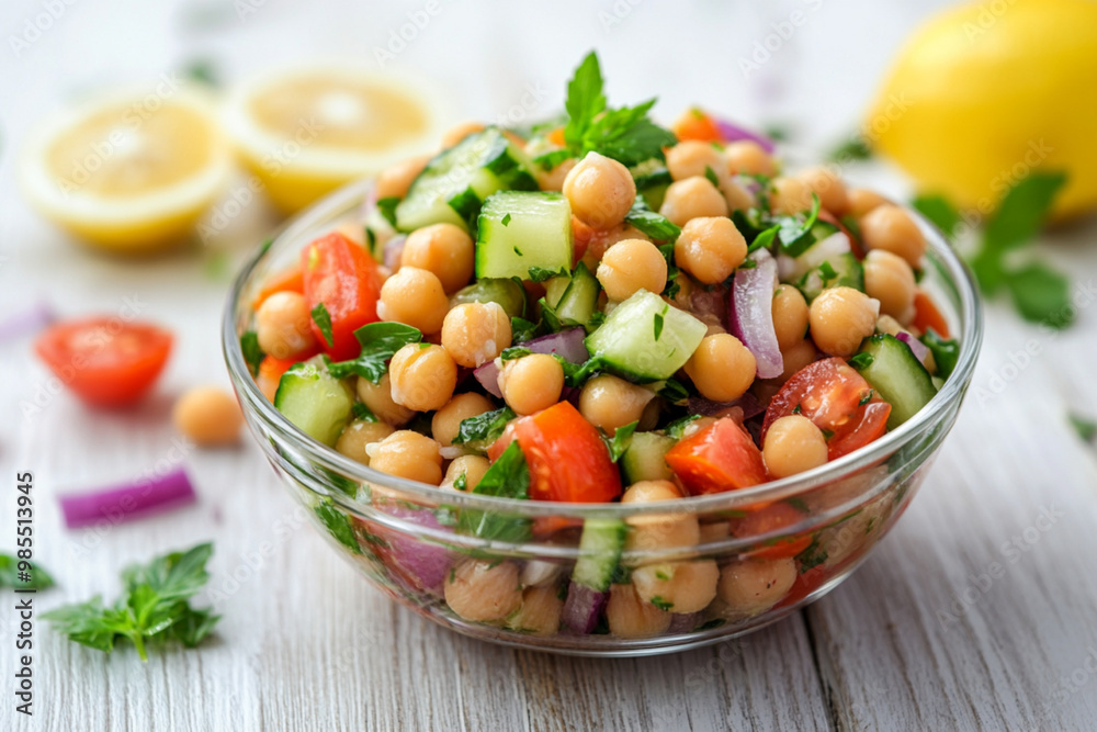 Bright and fresh chickpea salad with diced cucumbers, tomatoes, and red onion. The salad is served in a clear glass bowl on a light wooden surface, with lemon slices Bright and fresh chickpea salad with diced cucumbers, tomatoes, and red onion. The salad is served in a clear glass bowl on a light wooden surface, with lemon slices