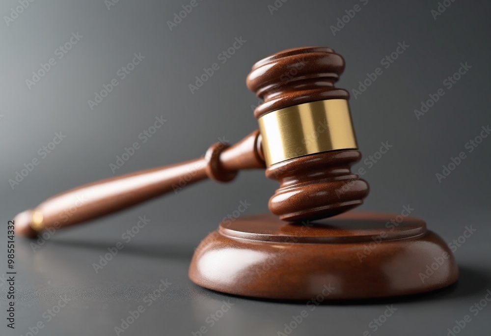 Detailed photo of a wooden gavel with a metallic gold band and matching sound block Detailed photo of a wooden gavel with a metallic gold band and matching sound block