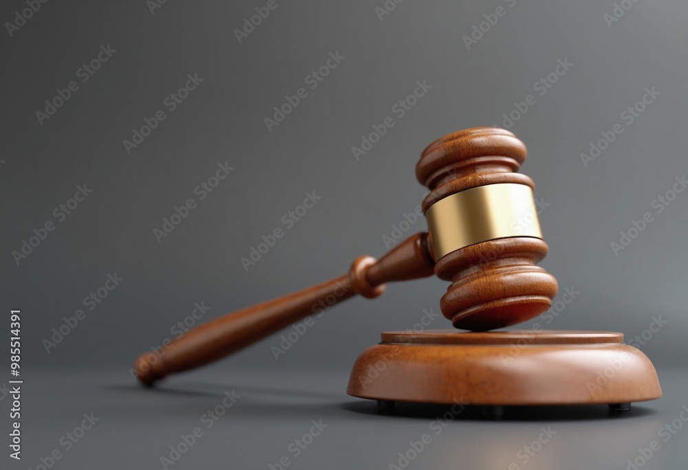 Detailed photo of a wooden gavel with a metallic gold band and matching sound block Detailed photo of a wooden gavel with a metallic gold band and matching sound block