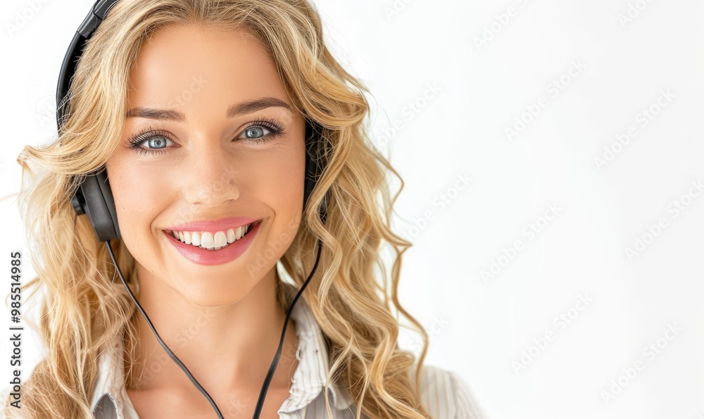 A beautiful young woman smiling warmly while wearing headphones against a white background, symbolizing relaxation and music. copy space for text. A beautiful young woman smiling warmly while wearing headphones against a white background, symbolizing relaxation and music. copy space for text.