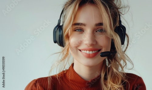 A beautiful young woman smiling warmly while wearing headphones against a white background, symbolizing relaxation and music. copy space for text. photo