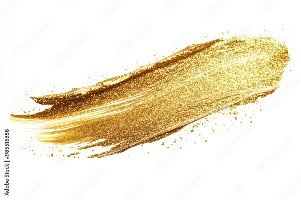 Fototapeta premium A shimmering gold glitter brush stroke on a white background, ideal for design projects.