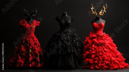 Three stunningly designed dresses showcase unique styles with ruffles, flowers, and elegant antlers against a dark background.