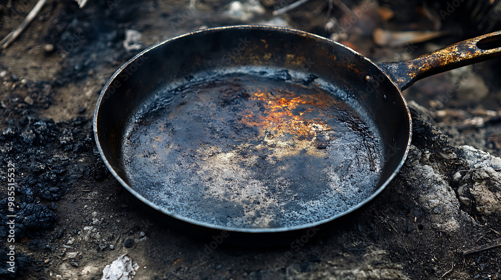 Battered and aged pan with char marks, showing years of use outdoors. Battered and aged pan with char marks, showing years of use outdoors.