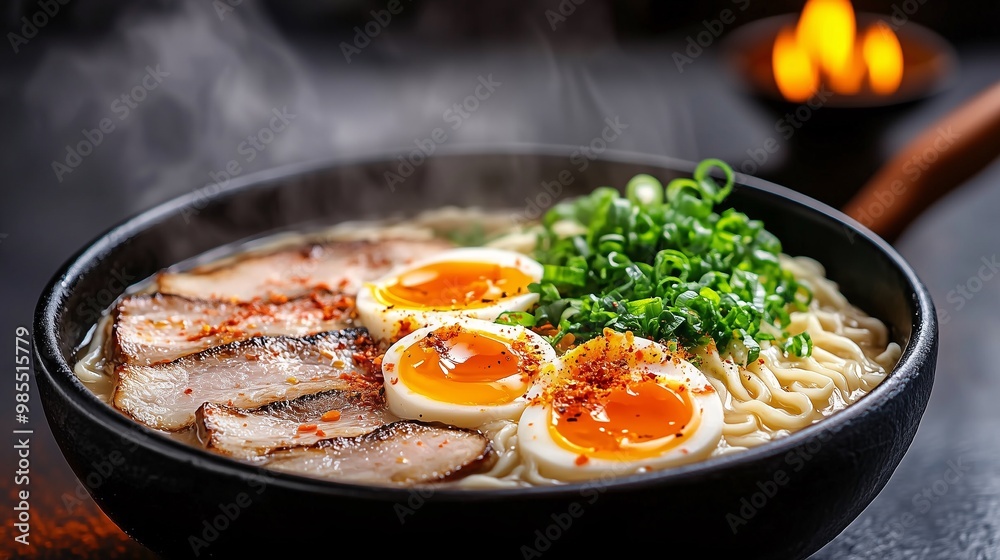 Delicious Ramen Noodles with Soft Boiled Eggs and Pork Delicious Ramen Noodles with Soft Boiled Eggs and Pork
