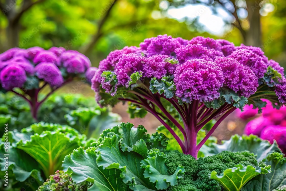 Lush green leaves frame a stunning kale flower plant, showcasing beautiful purple blooms that add vibrant color and Lush green leaves frame a stunning kale flower plant, showcasing beautiful purple blooms that add vibrant color and