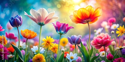 Lush May flowers bloom in vibrant colors, creating a soft-focused background perfect for spring and summer designs,