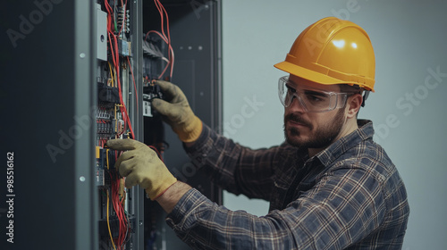 An electrician wearing protective gear, carefully wiring an electrical panel in a modern home, with tools laid out beside him,