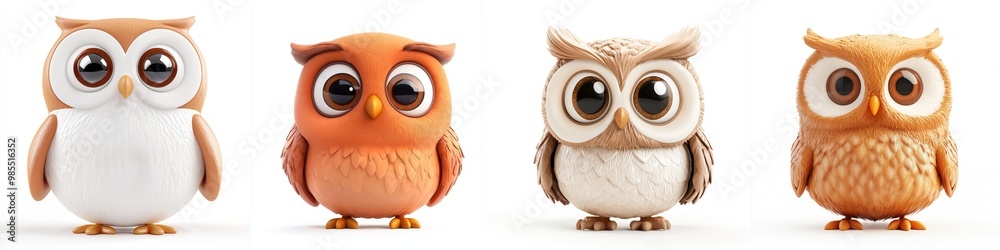 Curious Cartoon Owl with Wide Eyes in 3D Render, C4D Character Design Isolated on White - Whimsical Animal Illustration, Generative AI
