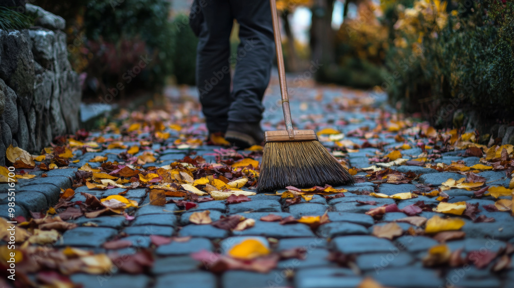 A man using a traditional broom to sweep leaves off a cobblestone path, with the ground covered in a mix of yellow and red leaves, A man using a traditional broom to sweep leaves off a cobblestone path, with the ground covered in a mix of yellow and red leaves,