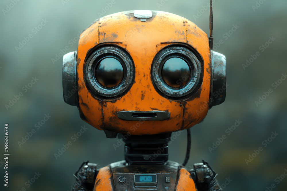 A charming robot with large eyes and an orange body, showcasing a friendly and inviting expression in a futuristic setting. A charming robot with large eyes and an orange body, showcasing a friendly and inviting expression in a futuristic setting.