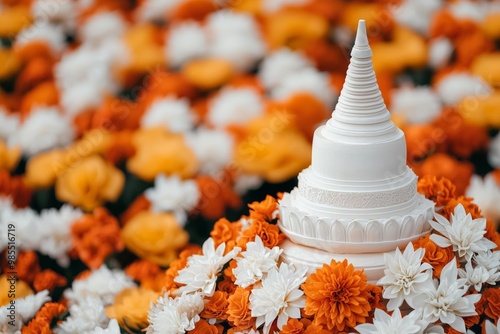 Buddhist stupa surrounded by flowers, symbolic of the cycle of life, death, and rebirth, stupa architecture, rebirth symbolism, Realistic Photo captured with Sony A70 III photo