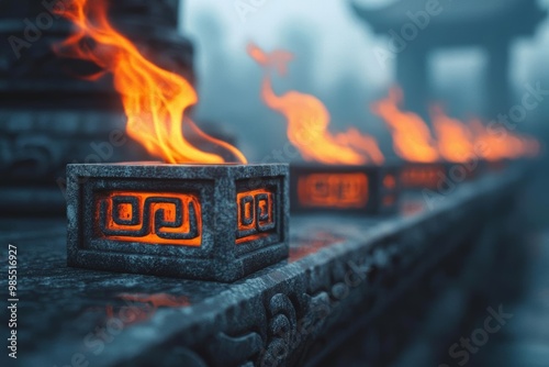 Fire-lit ceremonial temple in the mountains, ancient symbols glowing on its pillars, mountain temple, fire and spirituality, Realistic Photo captured with Sony A70 III photo