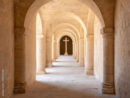 Medieval monastery with symbolic crosses and ancient inscriptions