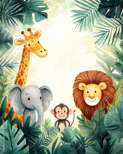 Cute jungle animals giraffe, elephant, lion, and monkey in a tropical forest.