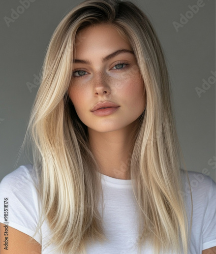 Blond woman smiling, straight hair with a middle parting, long hair, hairstyle, blond balayage color, hair salon background