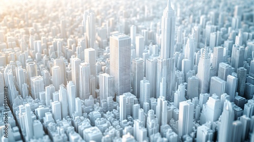 Minimalist aerial view of a modern downtown cityscape, white architectural model with skyscrapers and empty streets.