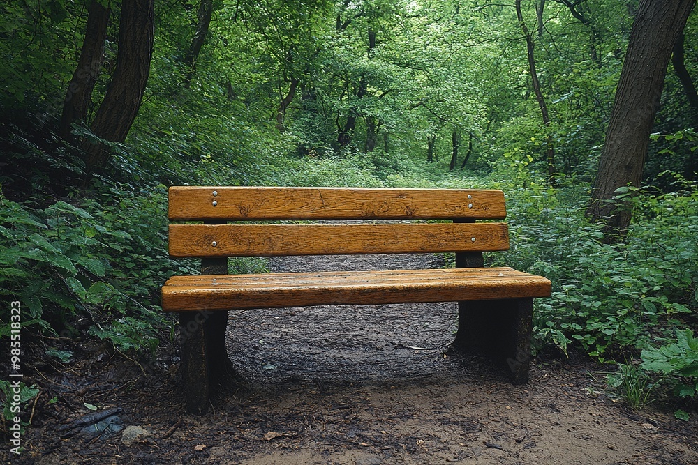 Solitary Wooden Bench Surrounded by Lush Greenery in a Peaceful Natural Setting of Vibrant Colors Solitary Wooden Bench Surrounded by Lush Greenery in a Peaceful Natural Setting of Vibrant Colors