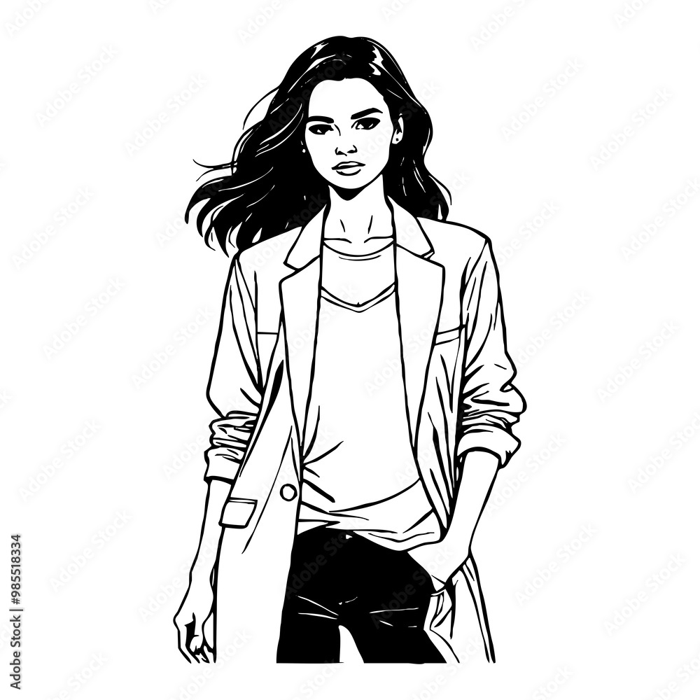 Fictional female character. Black and white line art. Logo design for use in graphics. T-shirt print, tattoo design. Fictional female character. Black and white line art. Logo design for use in graphics. T-shirt print, tattoo design.