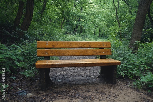 Solitary Wooden Bench Surrounded by Lush Greenery in a Peaceful Natural Setting of Vibrant Colors