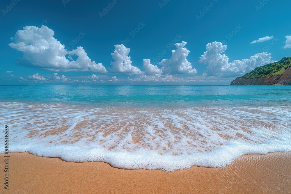 Turquoise Waves Gently Lap Against the Shore Under Bright Sunshine in a Serene Coastal Setting Turquoise Waves Gently Lap Against the Shore Under Bright Sunshine in a Serene Coastal Setting