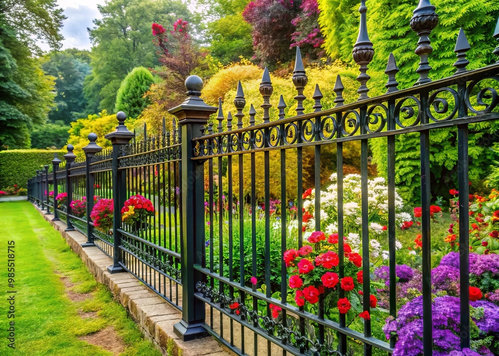 Refined wrought iron garden fencing complements a stunningly landscaped ...