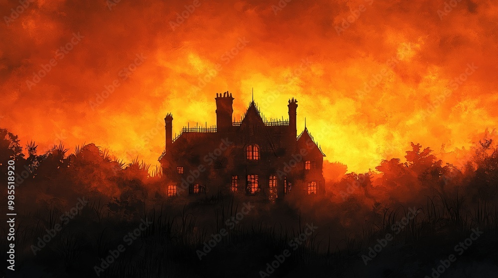 Haunted House Silhouette Against Fiery Sunset Haunted House Silhouette Against Fiery Sunset