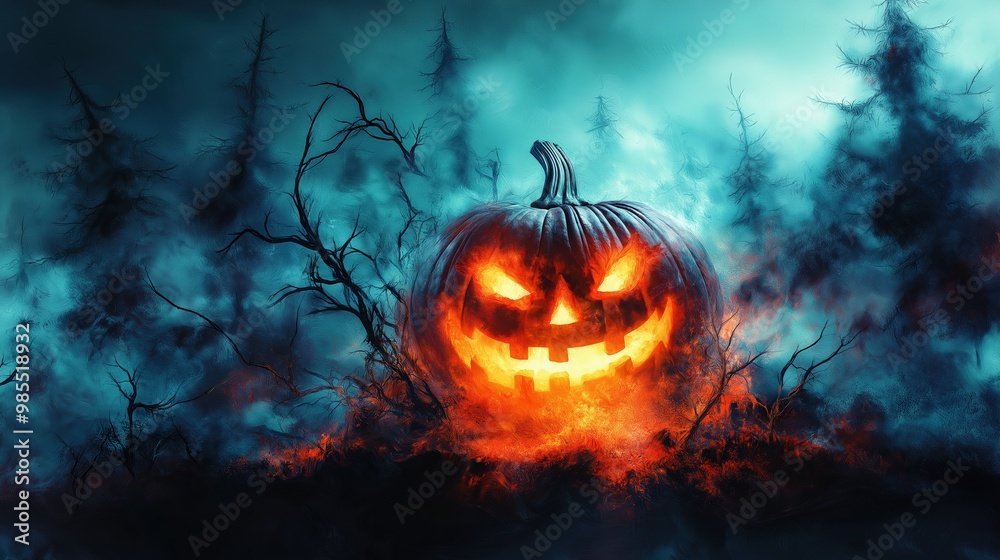 Naklejka premium Spooky Halloween Pumpkin with Fiery Glow in Forest