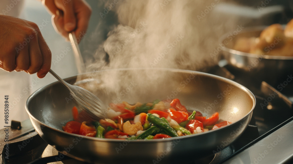 A man sauteing ingredients in a stainless steel pan, with the kitchen filled with the aroma of a gourmet meal in progress, A man sauteing ingredients in a stainless steel pan, with the kitchen filled with the aroma of a gourmet meal in progress,