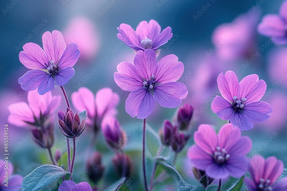 Vibrant Purple Wildflowers Blooming in a Lush Green Field Under Bright Blue Sky on a Sunny Day Vibrant Purple Wildflowers Blooming in a Lush Green Field Under Bright Blue Sky on a Sunny Day